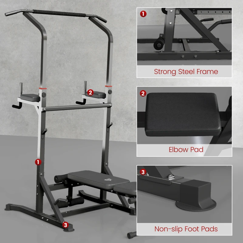 Soozier Foldable Power Tower Pull Up Dip Station with Adjustable Weight Bench for Home Gym Strength Training Fitness