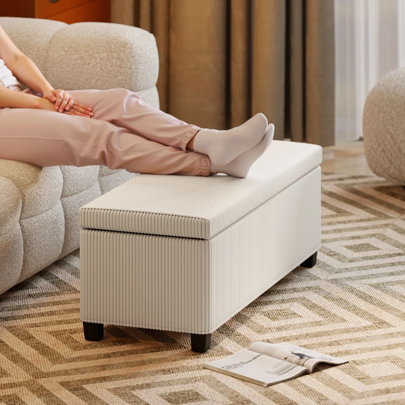 HOMCOM 44 Inches Ottoman with Storage, Lid, Legs, Corduroy End of Bed Bench for Living Room, Bedroom, Entryway, Beige