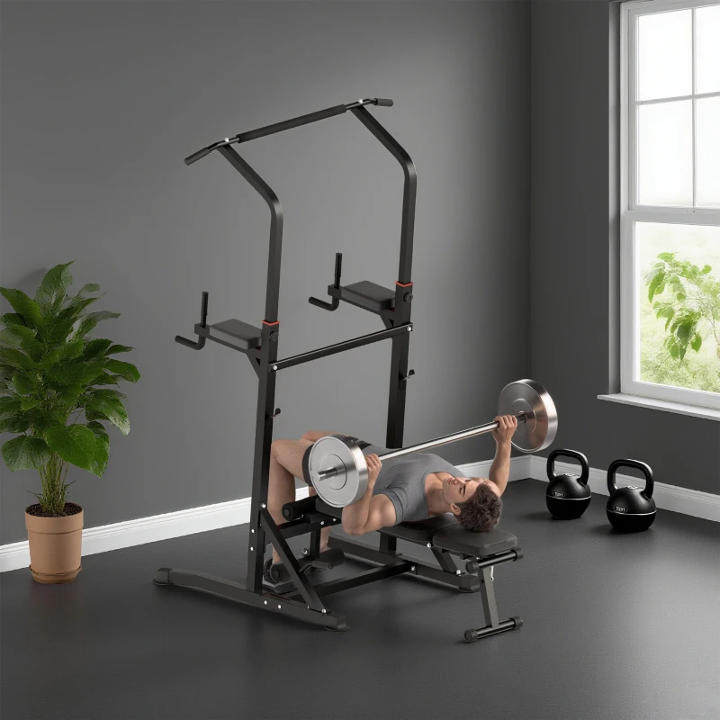 Soozier Foldable Power Tower Pull Up Dip Station with Adjustable Weight Bench for Home Gym Strength Training Fitness