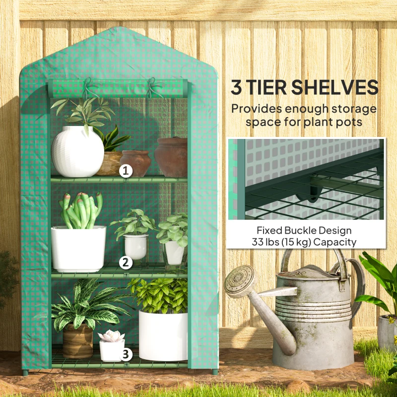 Outsunny 3 Tier Mini Greenhouse, Portable Flower Stand with Shelf Clips, Indoor Greenhouse with Steel Frame, Green