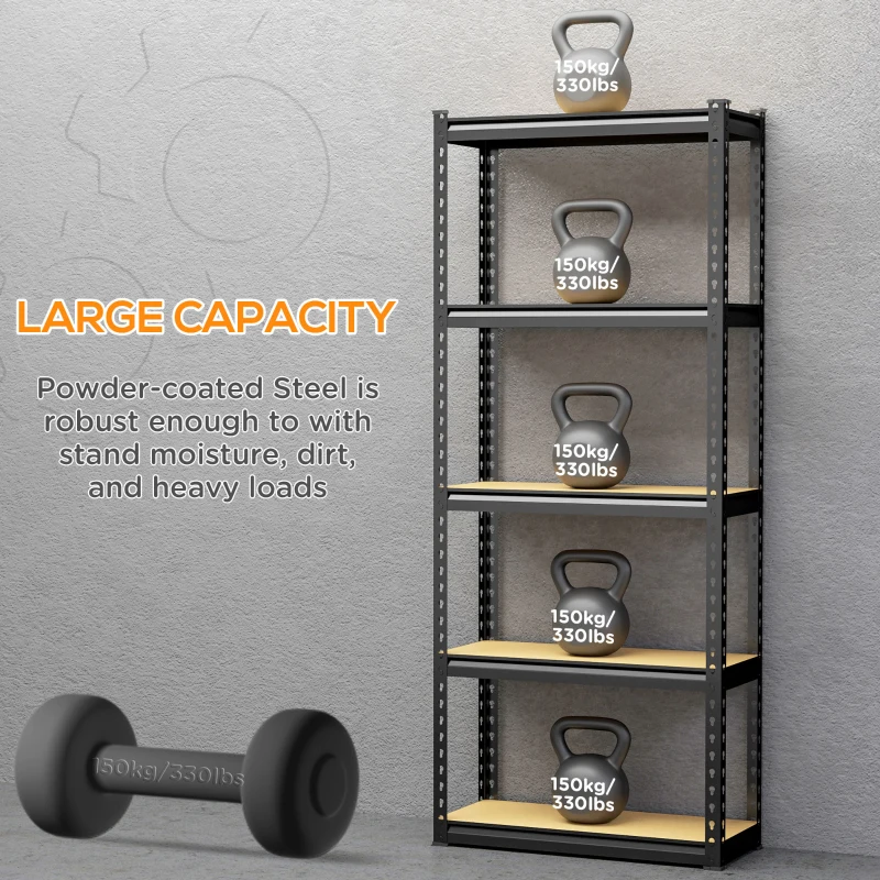 HOMCOM Heavy Duty Garage Shelf, 5-Tier Metal Shelving Unit, Industrial Utility Shelves with Steel Frame and Adjustable Shelves for Garage, Warehouse, Basement, Black and Brown