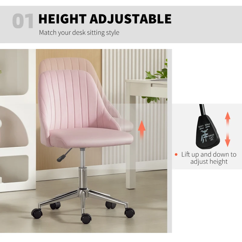 Vinsetto Vanity Chair for Makeup, Velvet Comfy Office Chair with Adjustable Height, Swivel Wheels for Bedroom, Living Room, Pink