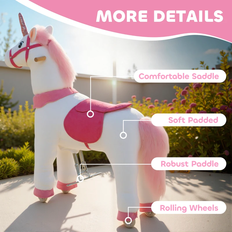 Qaba Ride on Unicorn Toy for Kids 4-7 Years, 37.8 Inch Plush Baby Rocking Horse with Wheels, No Battery Required, White