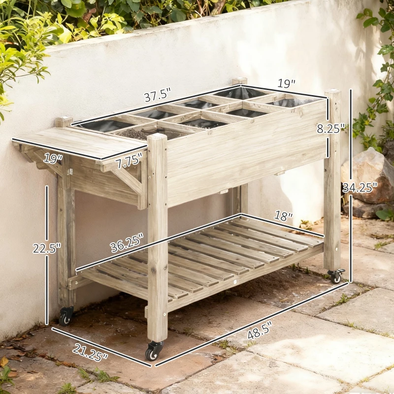 Outsunny Raised Garden Bed Planter Box w/ 8 Grow Grids, Storage Shelf & Lockable Wheels