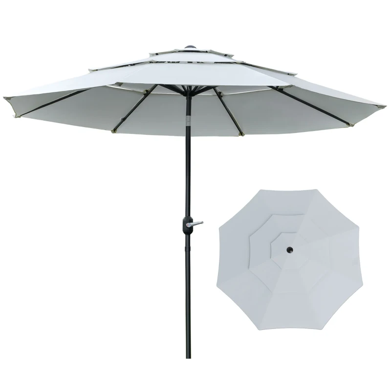 Outsunny 9FT 3 Tiers Patio Umbrella Outdoor Market Umbrella with Crank, Push Button Tilt for Deck, Backyard and Lawn, Cream White