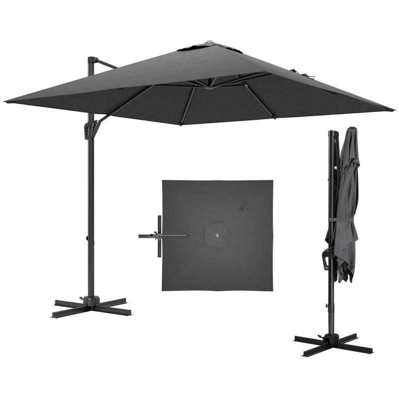 Outsunny 8'x8' Square Patio Hanging Offset Umbrella, Outdoor Cantilever Parasol w/ Cross Base, Dark Grey
