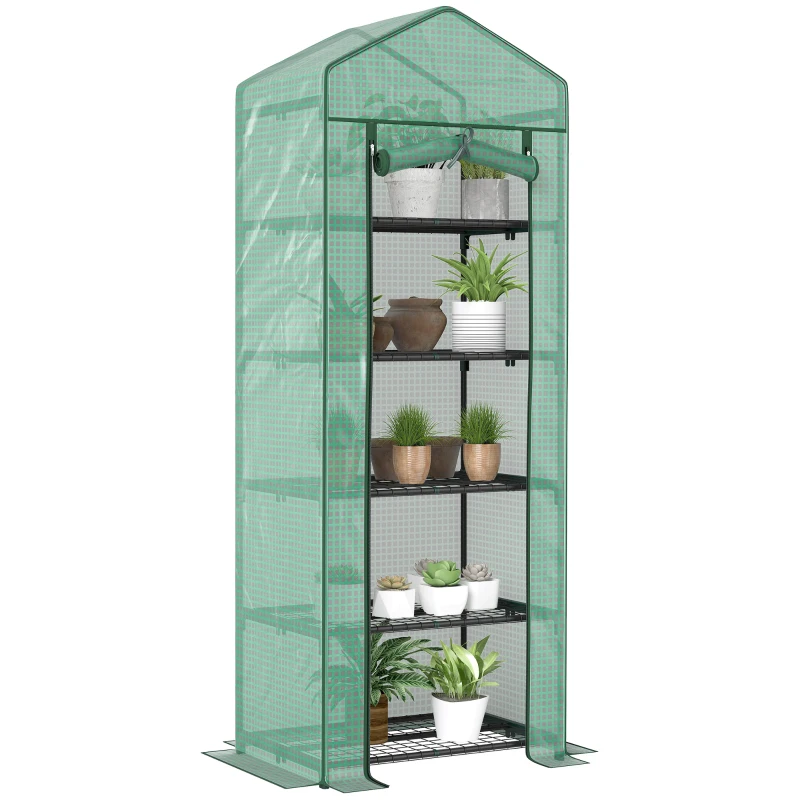 Outsunny 5 Tier Mini Greenhouse, Portable Outdoor Flower Stand with Shelf Clips, Indoor Greenhouse with Steel Frame, Transparent, 27.25" x 19.25" x 76", Green