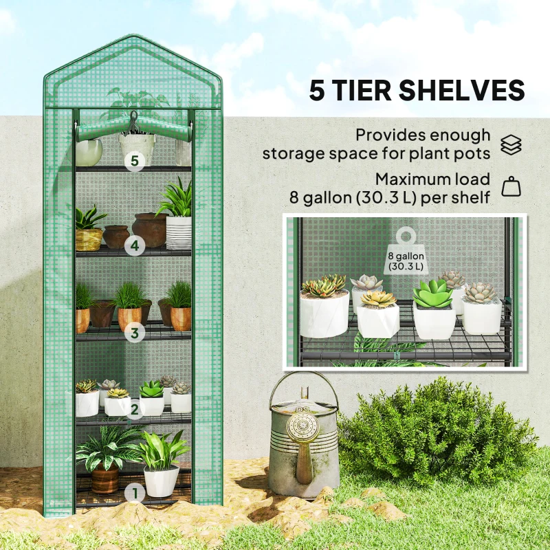 Outsunny 5 Tier Mini Greenhouse, Portable Outdoor Flower Stand with Shelf Clips, Indoor Greenhouse with Steel Frame, Transparent, 27.25" x 19.25" x 76", Green