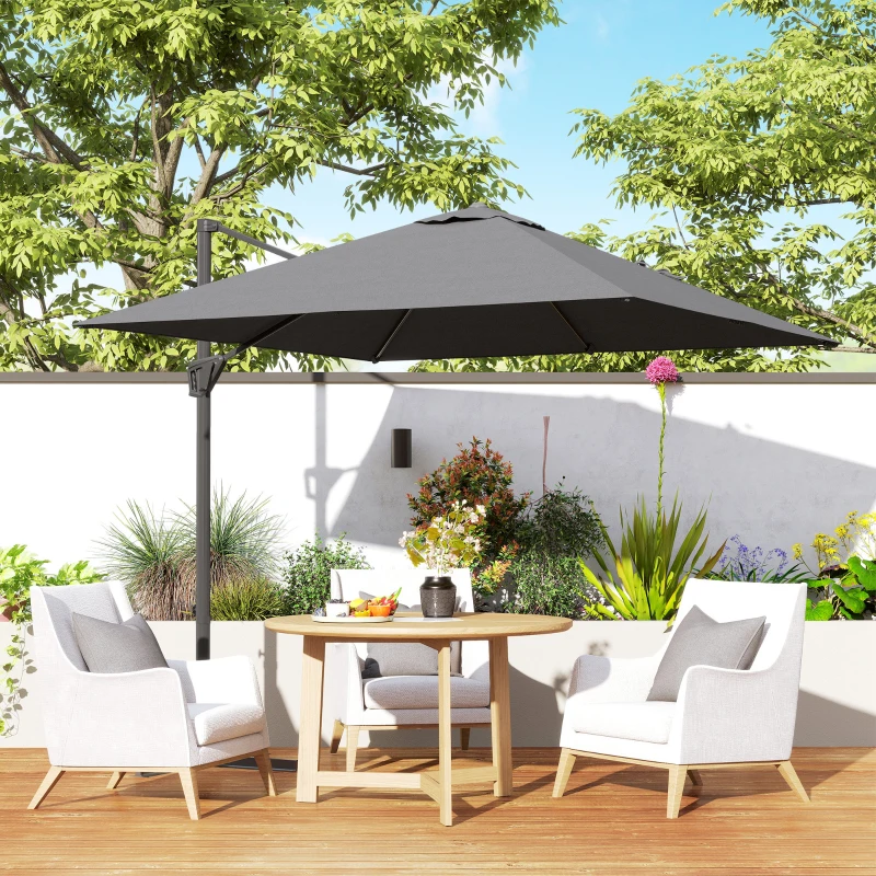Outsunny 8'x8' Square Patio Hanging Offset Umbrella, Outdoor Cantilever Parasol w/ Cross Base, Dark Grey
