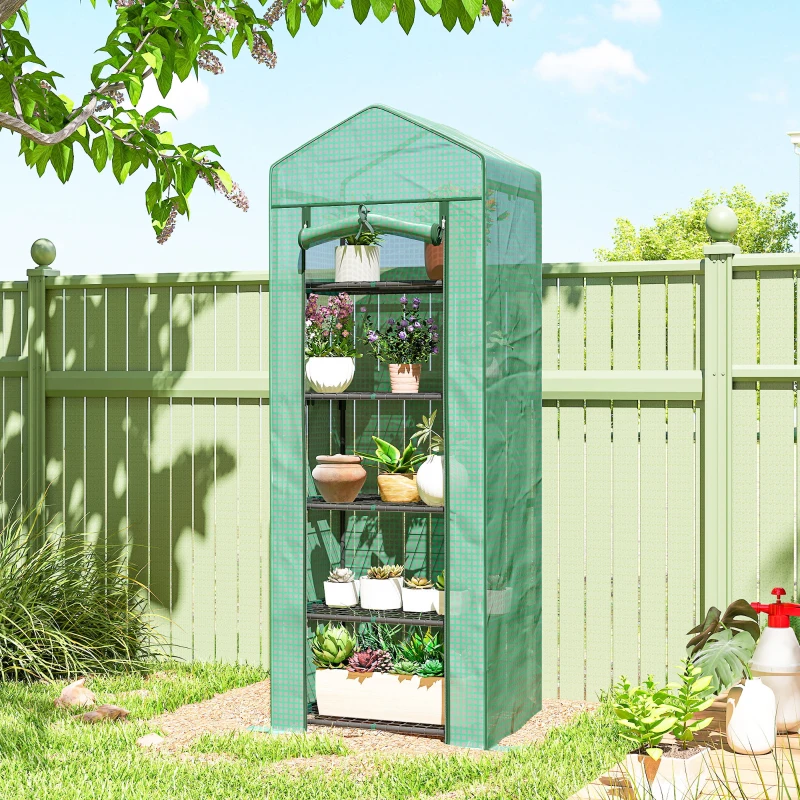 Outsunny 5 Tier Mini Greenhouse, Portable Outdoor Flower Stand with Shelf Clips, Indoor Greenhouse with Steel Frame, Transparent, 27.25" x 19.25" x 76", Green