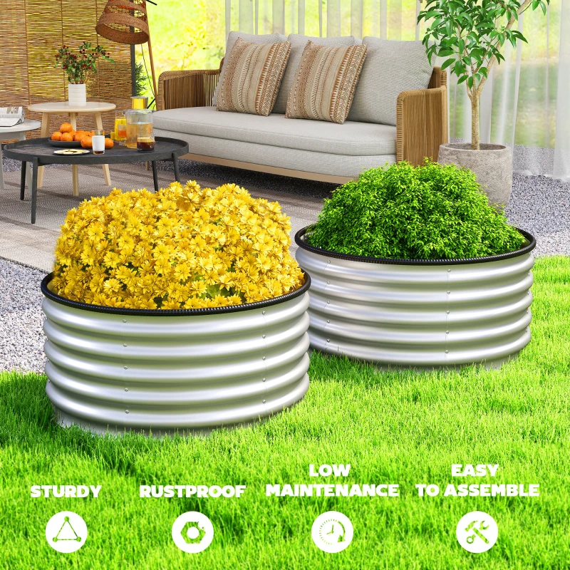 Outsunny Set of 2 Raised Garden Bed, Metal Planter Box with Safety Edging, Easy-to-assemble Stock Tank 3'x3'x1.4' Silver