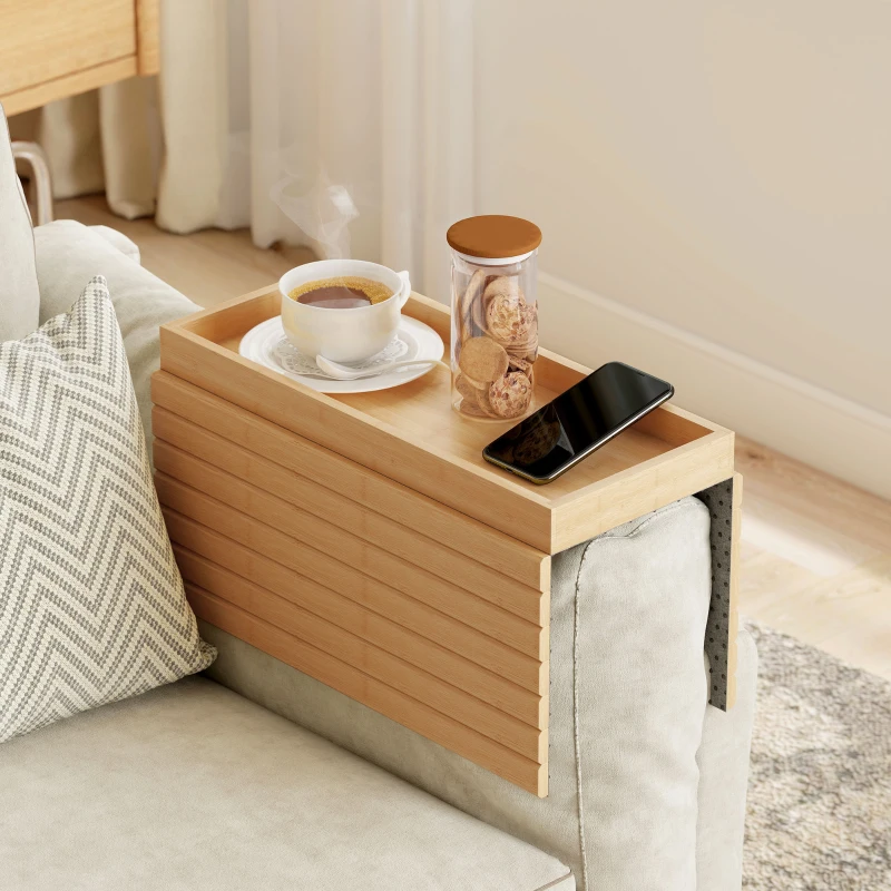 HOMCOM Bamboo Couch Arm Tray, Sofa Armrest Tray with Flexible Roll-up Design and Wide Compartment, Natural