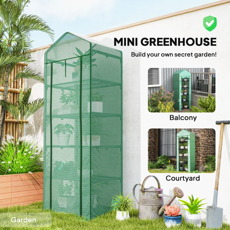 Outsunny 5 Tier Mini Greenhouse, Portable Outdoor Flower Stand with Shelf Clips, Indoor Greenhouse with Steel Frame, Transparent, 27.25" x 19.25" x 76", Green