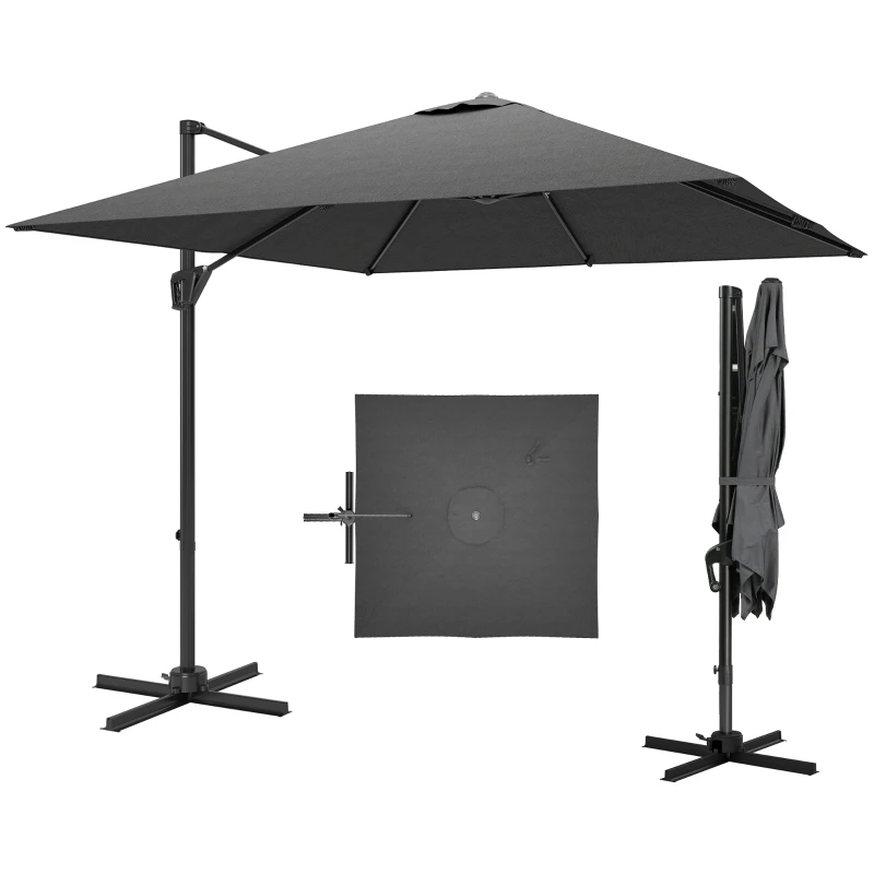Outsunny 8'x8' Square Patio Hanging Offset Umbrella, Outdoor Cantilever Parasol w/ Cross Base, Dark Grey