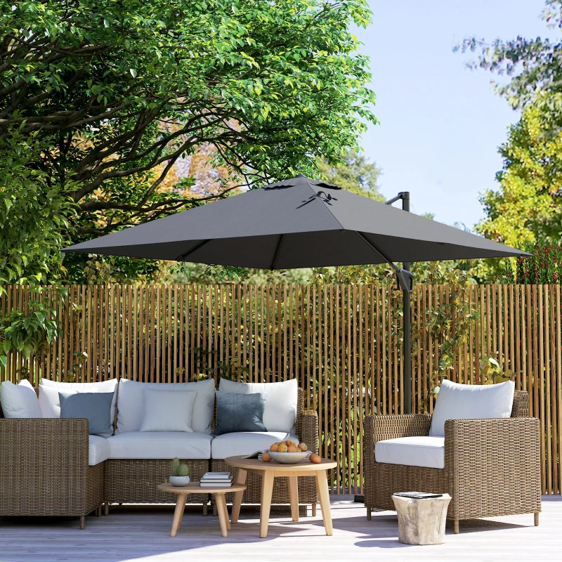 Outsunny 8'x8' Square Patio Hanging Offset Umbrella, Outdoor Cantilever Parasol w/ Cross Base, Dark Grey