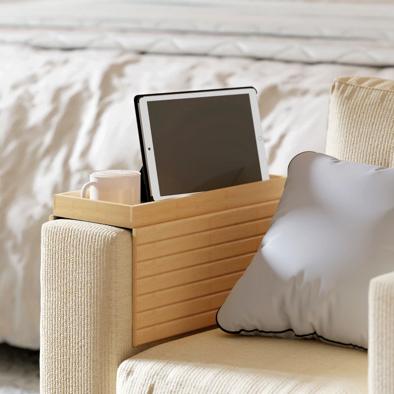 HOMCOM Bamboo Couch Arm Tray, Sofa Armrest Tray with Flexible Roll-up Design and Wide Compartment, Natural