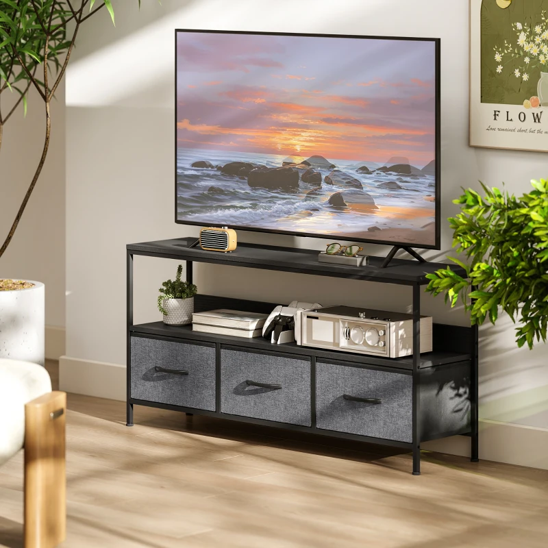 HOMCOM TV Stand with Charging Station, TV Table with 3 Foldable Linen Drawers and Open Shelf for 55 Inch Television, Black