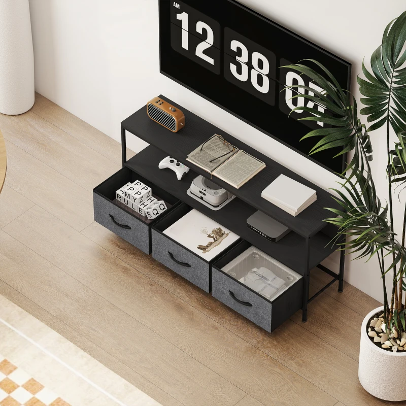 HOMCOM TV Stand with Charging Station, TV Table with 3 Foldable Linen Drawers and Open Shelf for 55 Inch Television, Black