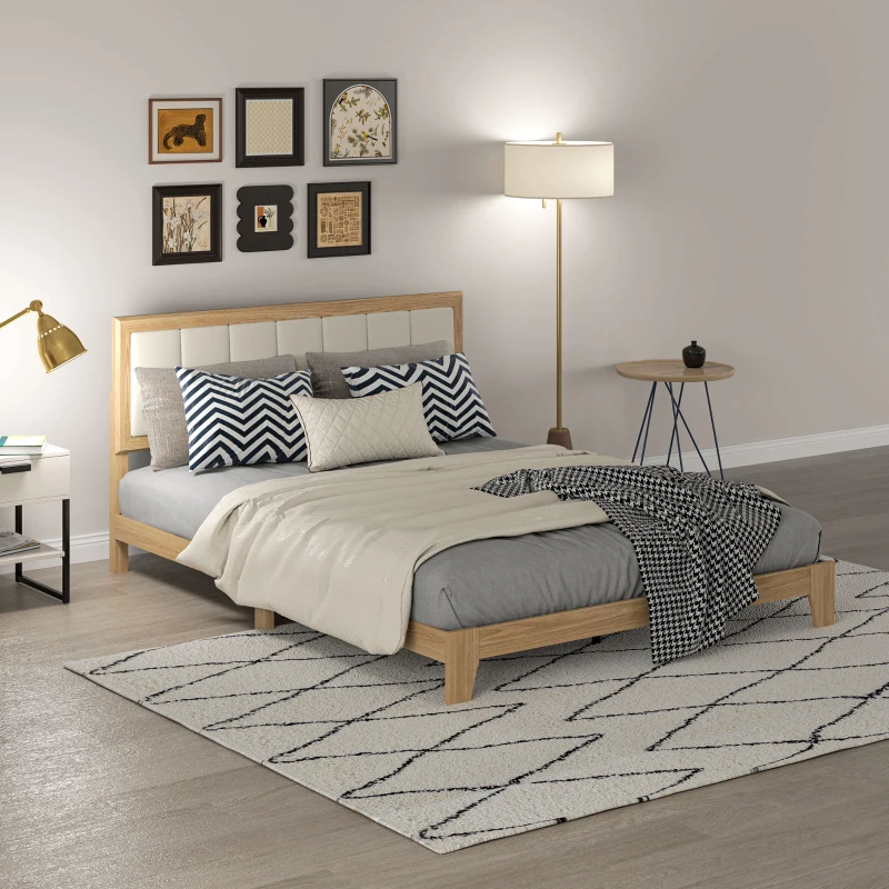 HOMCOM Queen Bed Frame with Headboard Queen Platform Bed Frame with Wooden Slats No Box Spring Needed Easy Assembly Natural