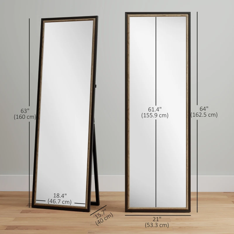 HOMCOM Full Length Mirror, 64" x 21" Rectangle Full Body Mirror with Dual-Tone Frame for Bedroom, Black