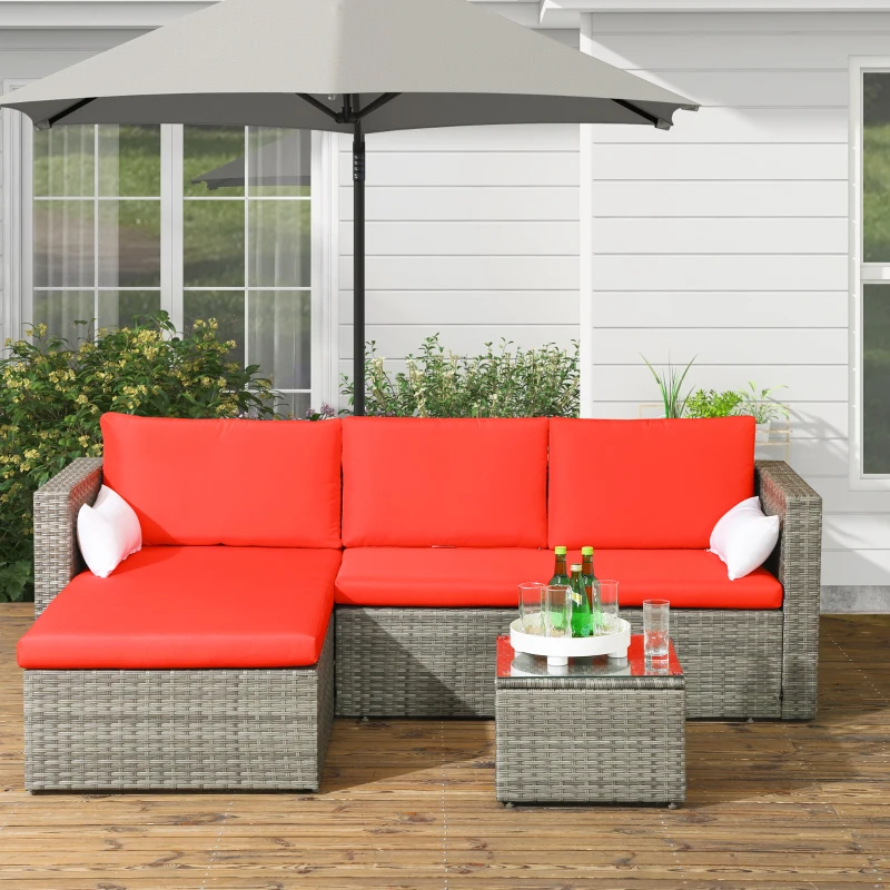 Outsunny 3pcs Modern Rattan Sofa Set, Wicker Patio Furniture Set with Coffee Table, Cushions, Pillows