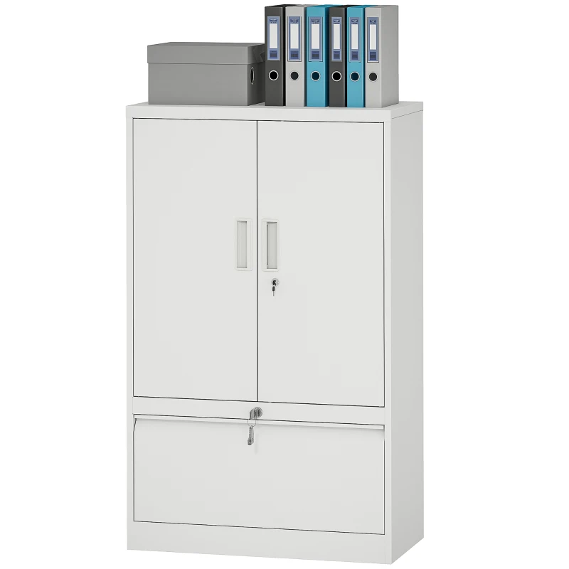 HOMCOM Lateral Filing Cabinet, Metal Storage Cabinet, Garage Cabinet with Double Locks, Adjustable Shelf and File Drawer, White