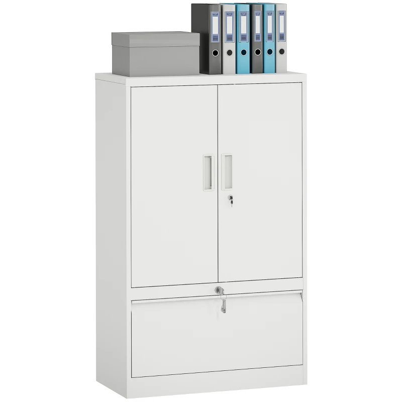 HOMCOM Lateral Filing Cabinet, Metal Storage Cabinet, Garage Cabinet with Double Locks, Adjustable Shelf and File Drawer, White