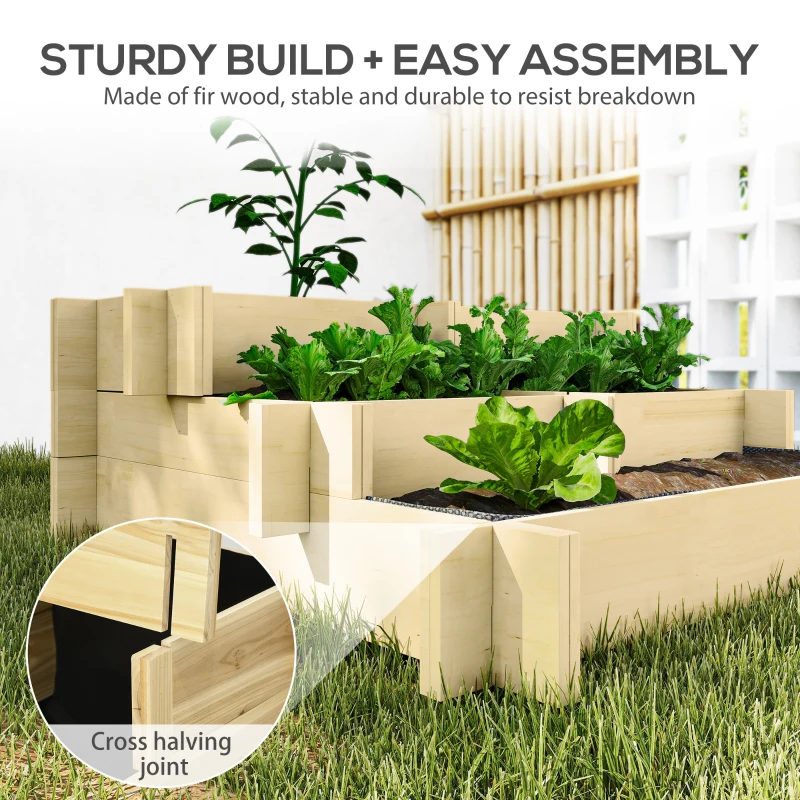 Outsunny 3 Tier Raised Garden Bed, Water Draining Fabric for Soil, Elevated Wood Flower Box for Vegetables, Herbs, Natural