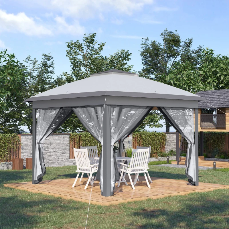 Outsunny 11' x 11' Pop Up Canopy, Double Roof Foldable Canopy Tent with Zipper Mesh Sidewalls, Height Adjustable and Carrying Bag, Event Tent for Patio Garden Backyard, Grey