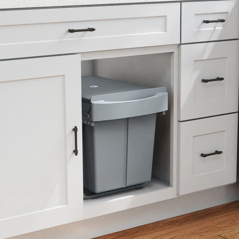 HOMCOM Pull Out Trash Can Under Cabinet, 10.6 Gallon (40L) Slide Out Garbage Can with 2 Removable Compartments, Grey