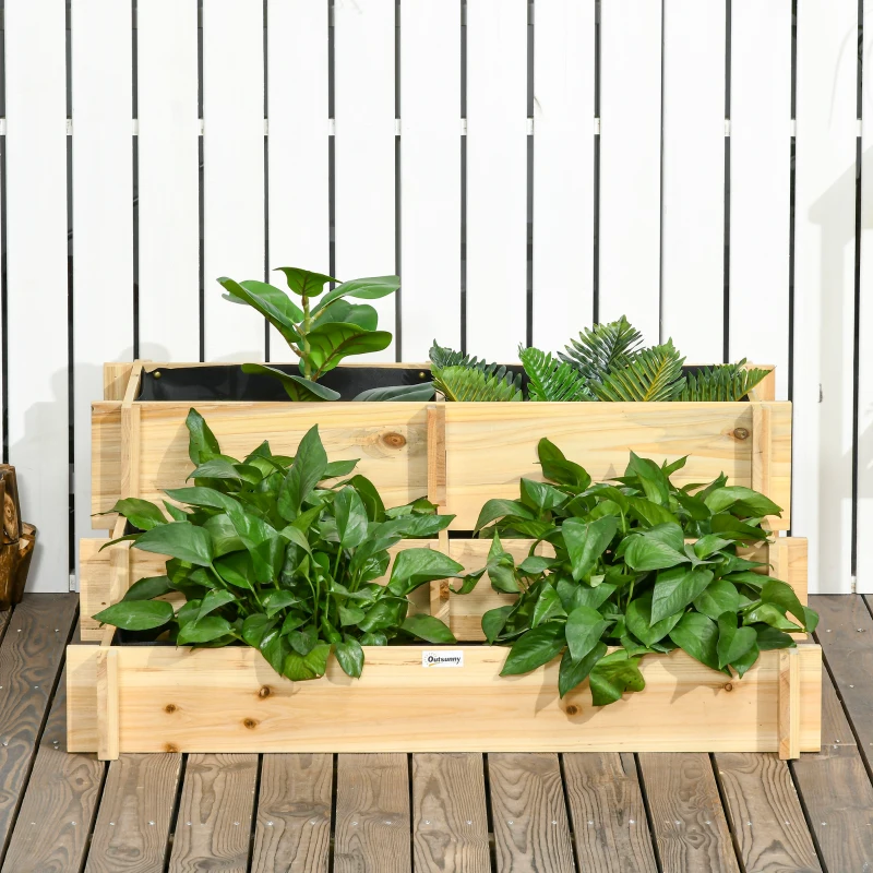 Outsunny 3 Tier Raised Garden Bed, Water Draining Fabric for Soil, Elevated Wood Flower Box for Vegetables, Herbs, Natural