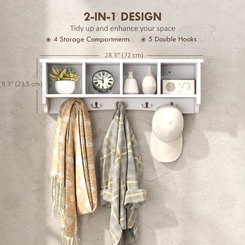 HOMCOM Coat Rack Wall Mount with Shelf, 28" Wall Coat Rack with 5 Hooks and 4 Compartments for Living Room, Entryway, White