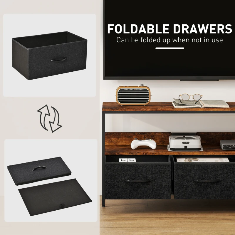 HOMCOM TV Stand with Charging Station, TV Table with 3 Foldable Linen Drawers and Open Shelf for 55 Inch Television, Rustic Brown