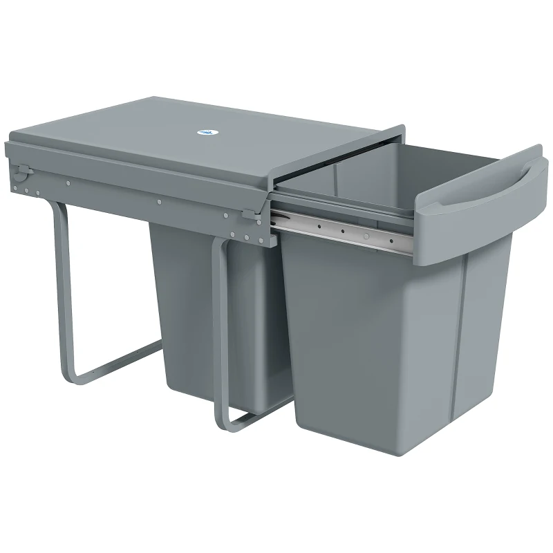 HOMCOM Pull Out Trash Can Under Cabinet, 10.6 Gallon (40L) Slide Out Garbage Can with 2 Removable Compartments, Grey