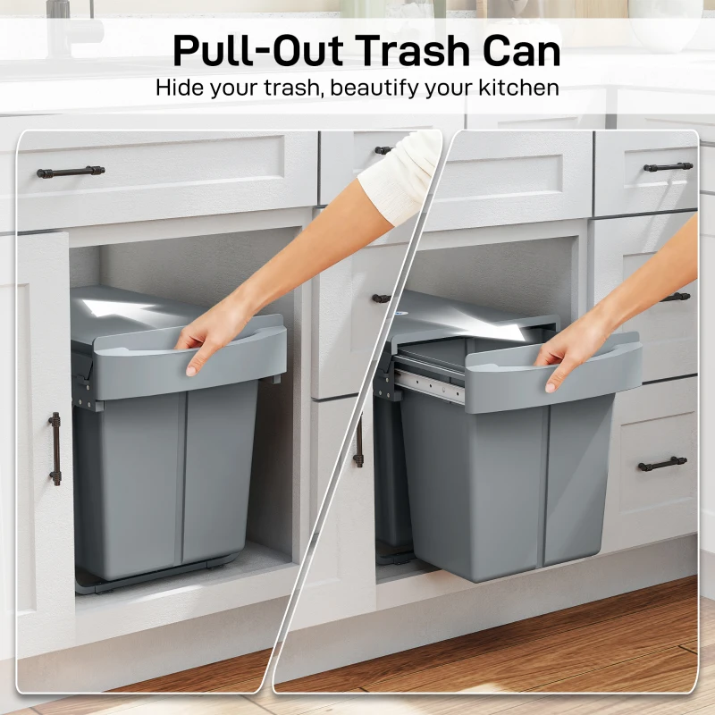 HOMCOM Pull Out Trash Can Under Cabinet, 10.6 Gallon (40L) Slide Out Garbage Can with 2 Removable Compartments, Grey