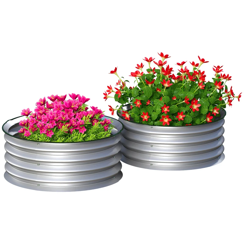 Outsunny Set of 2 Raised Garden Bed, Metal Planter Box with Safety Edging, Easy-to-assemble Stock Tank 2'x2'x1' Silver