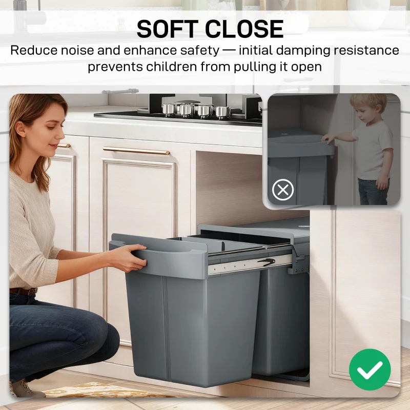 HOMCOM Pull Out Trash Can Under Cabinet, 10.6 Gallon (40L) Slide Out Garbage Can with 2 Removable Compartments, Grey