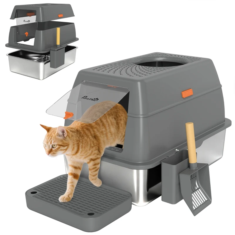 PawHut XL Stainless Steel Cat Litter Box, 80L Kitty Litter Box with Front/Top Entry, Trapping Step, Scoop, for Large Big Cats