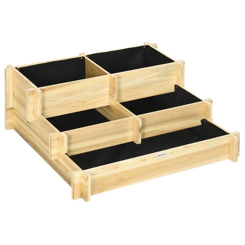 Outsunny 3 Tier Raised Garden Bed, Water Draining Fabric for Soil, Elevated Wood Flower Box for Vegetables, Herbs, Natural