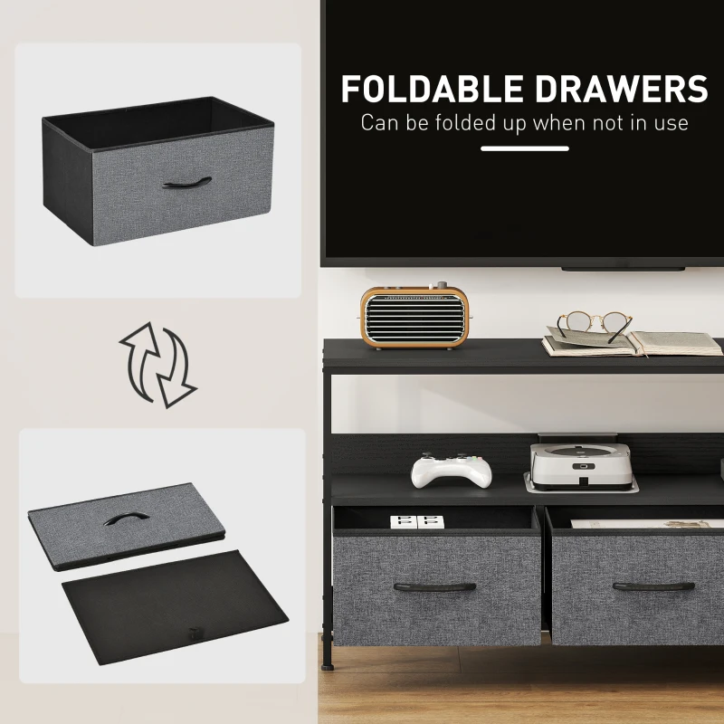 HOMCOM TV Stand with Charging Station, TV Table with 3 Foldable Linen Drawers and Open Shelf for 55 Inch Television, Black