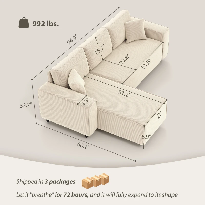 HOMCOM Corner Sofa with Reversible Chaise Lounge, Corduroy L-Shaped Sectional Sofa with Pocket Spring, Cream White