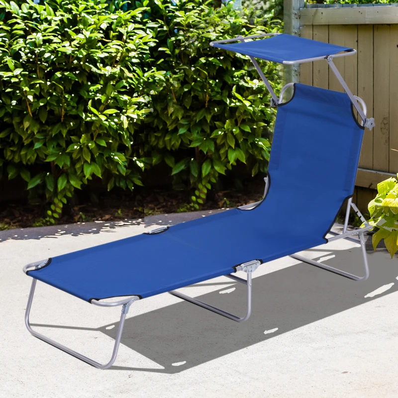 Outsunny Outdoor Lounge Chair, Adjustable Folding Chaise Lounge,  Tanning Chair with Sun Shade for Beach, Camping, Hiking, Backyard, Blue