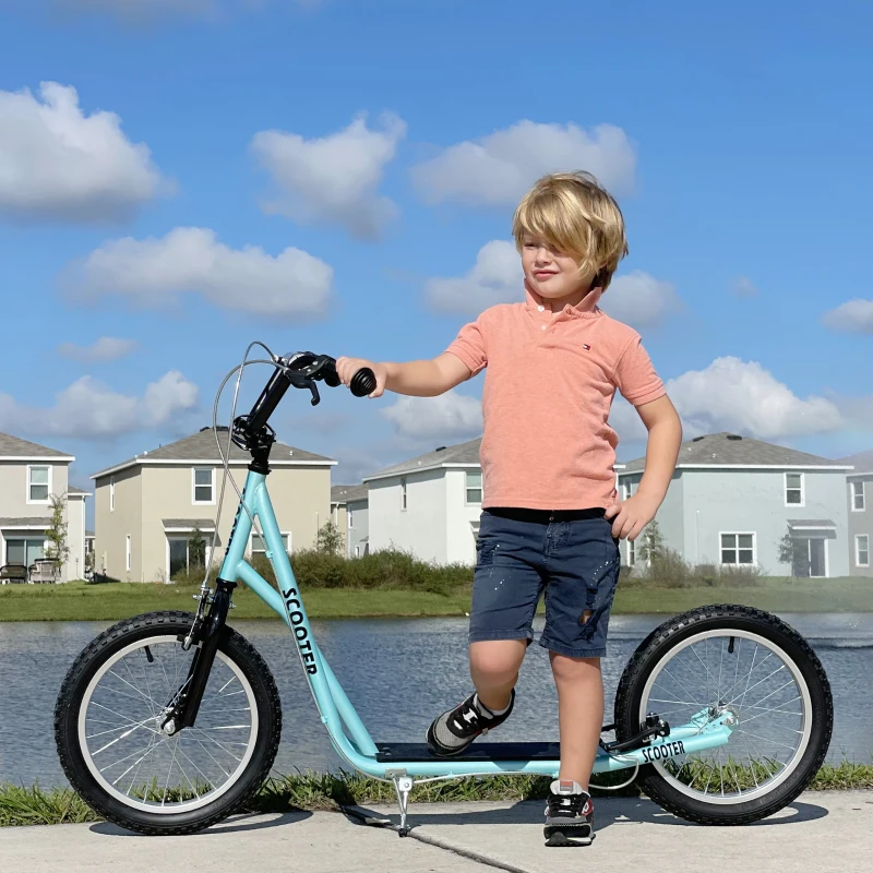 Aosom Youth Scooter Kick Scooter for Kids 5+, Max Load 220 LBS., with Adjustable Handlebar, 16" Inflatable Wheels, Dual Brakes, Blue