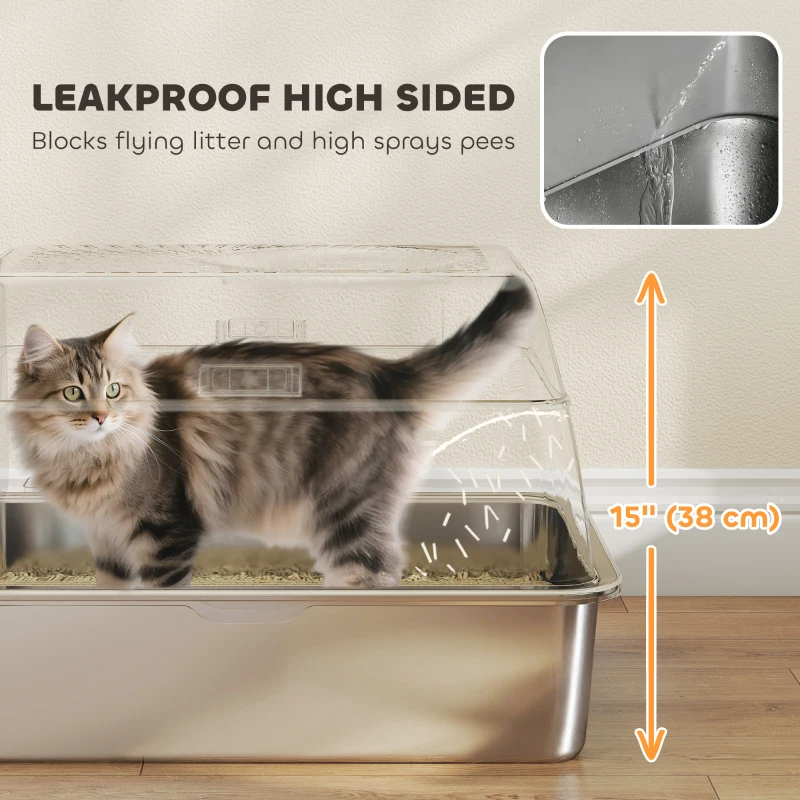 PawHut XL Stainless Steel Cat Litter Box, 80L Kitty Litter Box with Front/Top Entry, Trapping Step, Scoop, for Large Big Cats