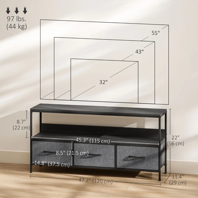 HOMCOM TV Stand with Charging Station, TV Table with 3 Foldable Linen Drawers and Open Shelf for 55 Inch Television, Black