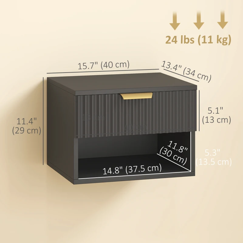 HOMCOM Floating Nightstands, Wall Mounted Bedside Tables Set of 2 with Drawer and Open Shelf, Black