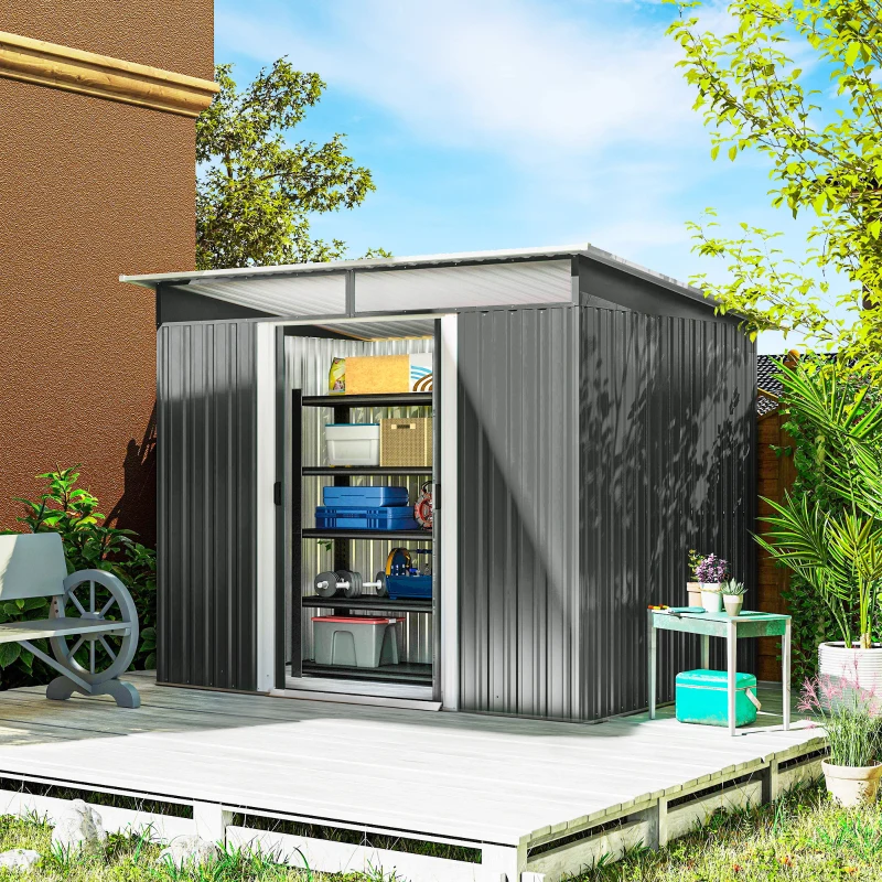 Outsunny 6' x 8.5' Outdoor Metal Garden Shed Utility Tool Storage Steel Backyard House, Dark Grey