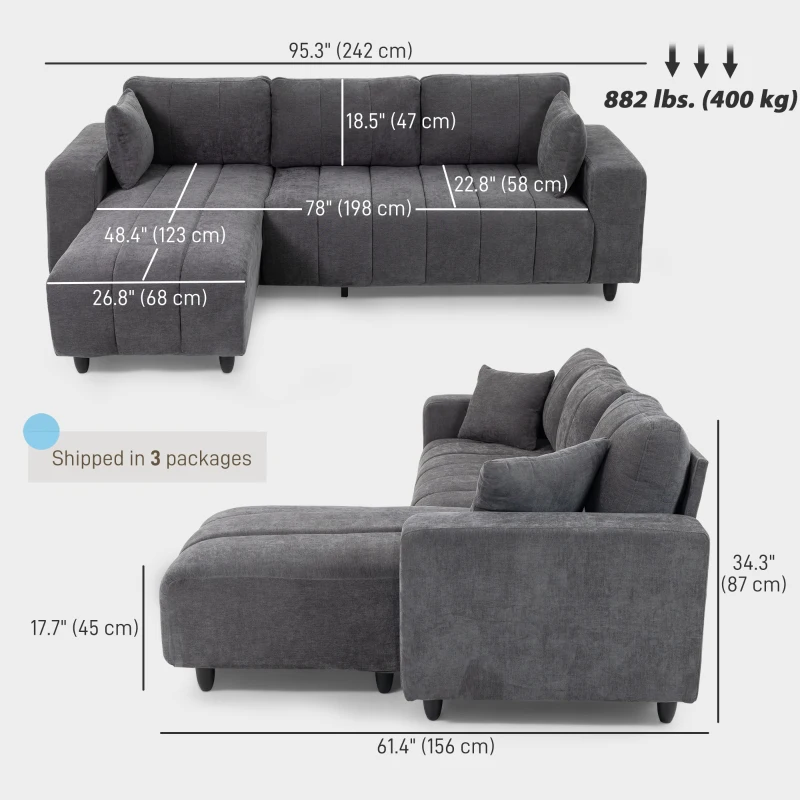 HOMCOM Sectional Couch with Integrated Seat, 3 Seater L-Shaped Sofa with Changeable Chaise, Spring Cushion, 2 Pillows, Grey