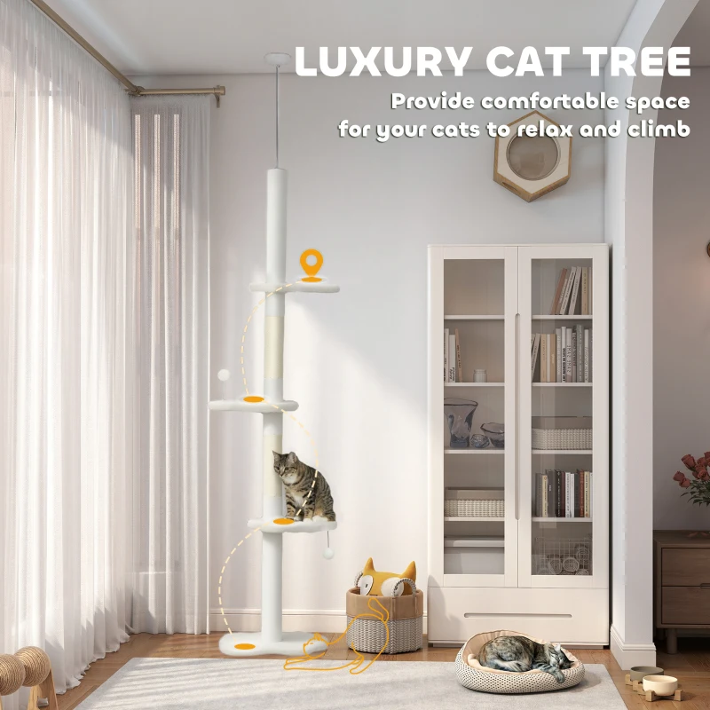 PawHut 88.5"-100.5" Floor to Ceiling Cat Tree, Cat Tower with Scratching Posts, Cloud Shaped Platforms, Dangling Balls, Cream