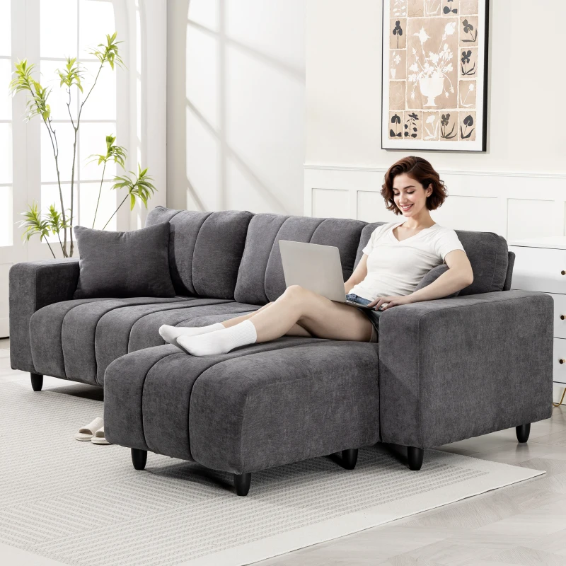 HOMCOM Sectional Couch with Integrated Seat, 3 Seater L-Shaped Sofa with Changeable Chaise, Spring Cushion, 2 Pillows, Grey